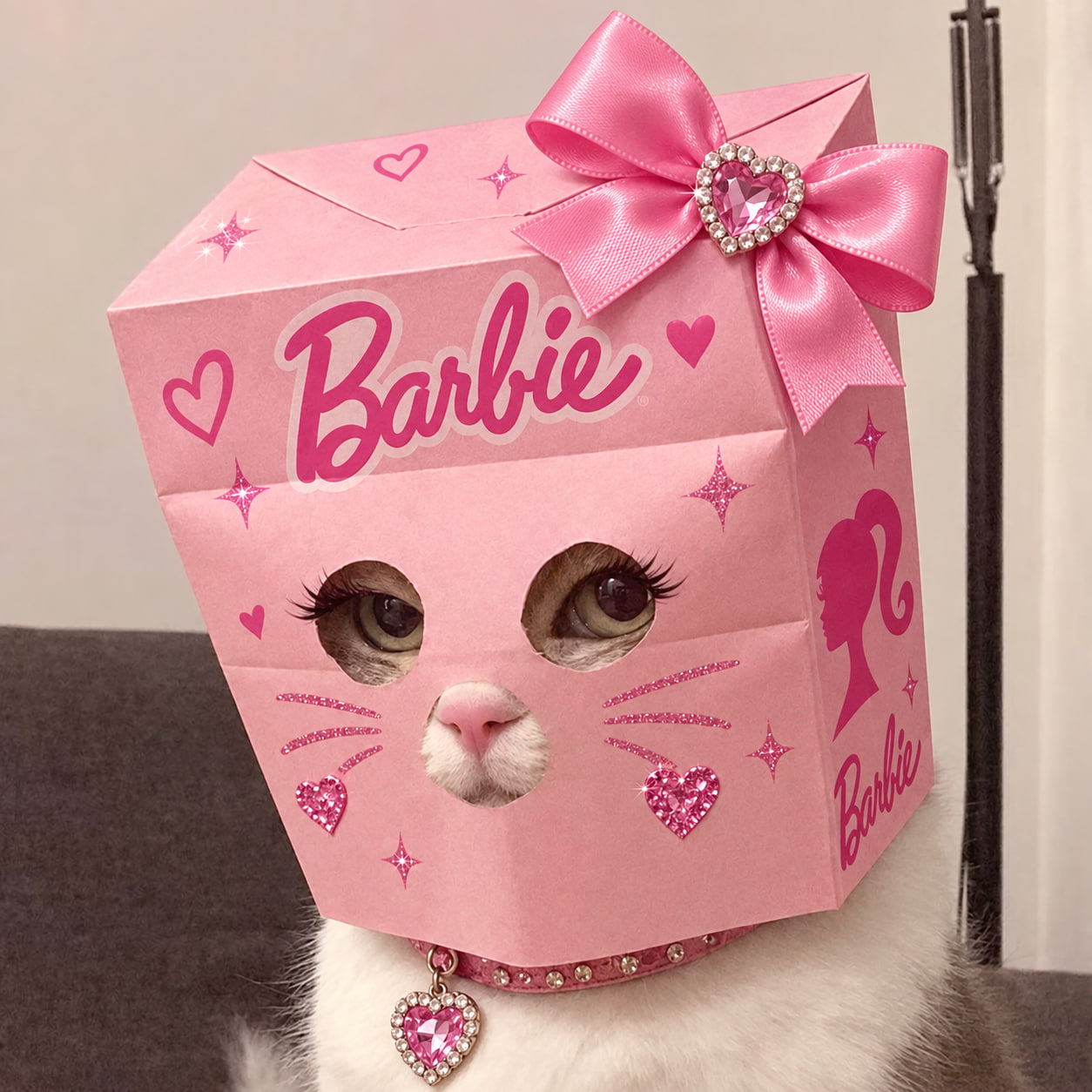 The original Barbie Anonymous cat wearing her pink box disguise
