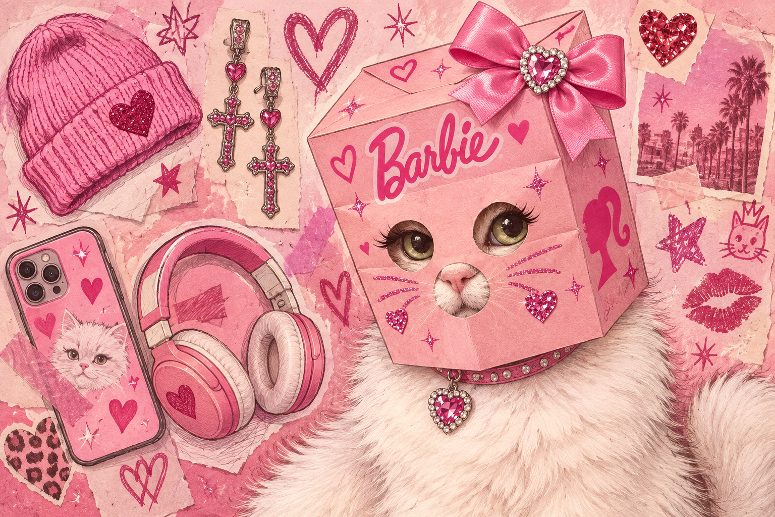 Illustrated white cat in a pink cardboard mask, surrounded by headphones, a smartphone, a beanie and heart charms